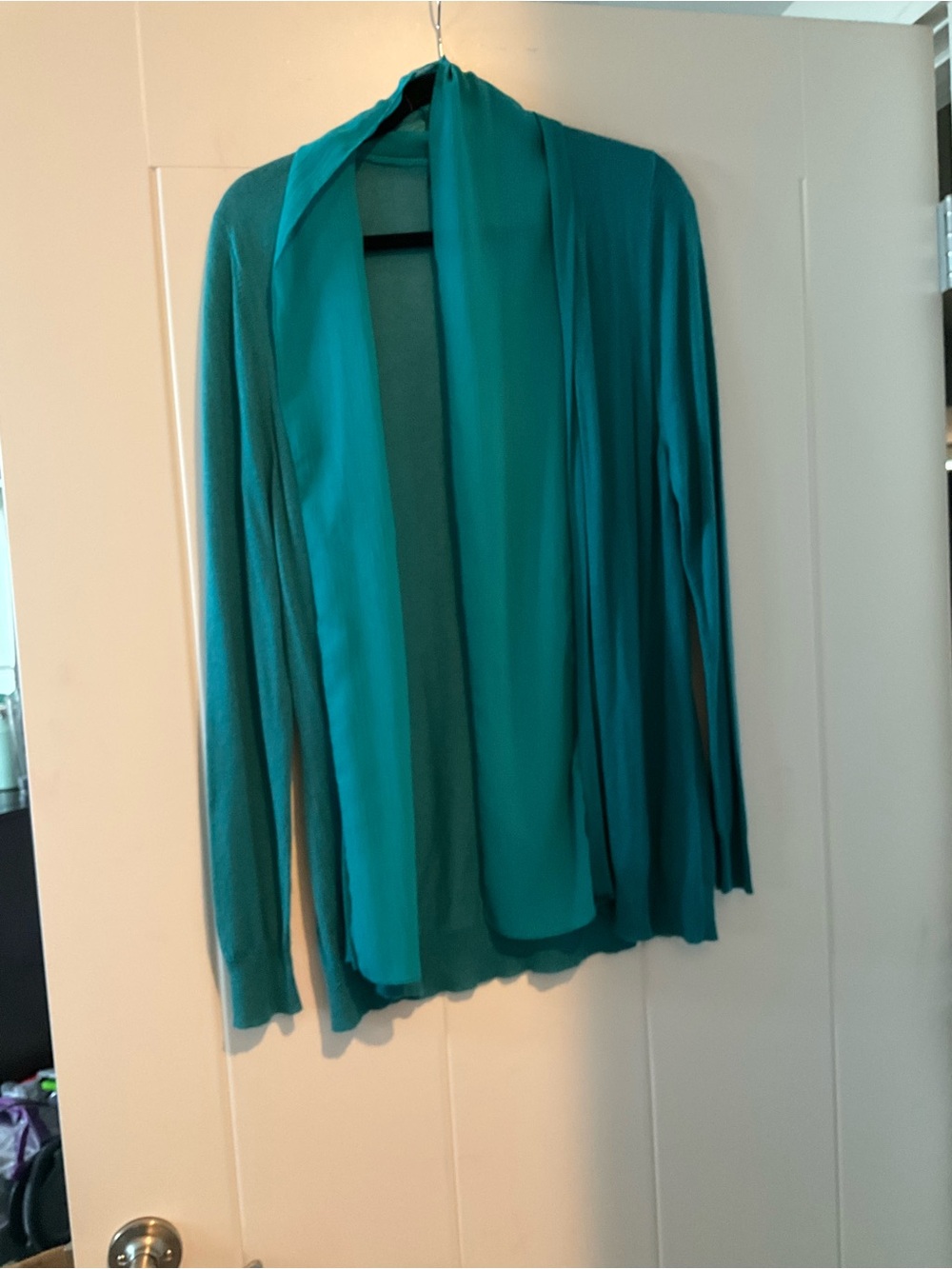 Lightweight Teal Open-Front Women's Cardigan with Chiffon Edging/Collar